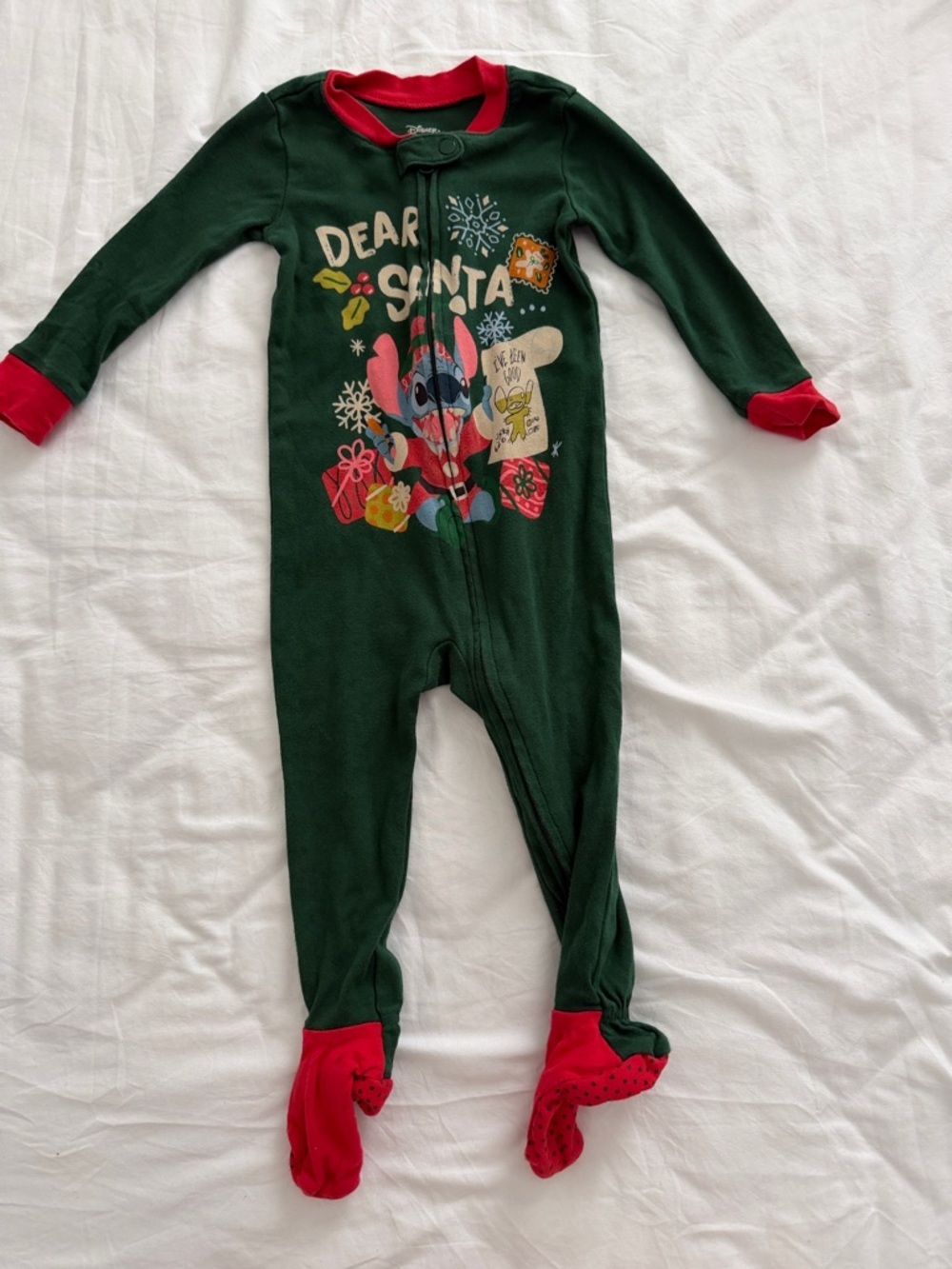Disney Green and Red Lilo & Stitch 'Dear Santa' Footed One-Piece